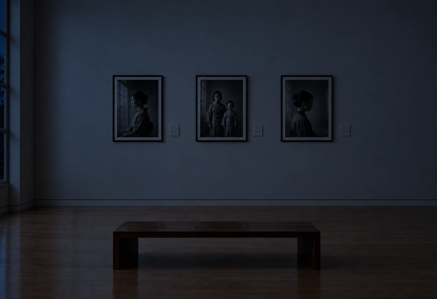 The same gallery at night: nothing glows on the walls.