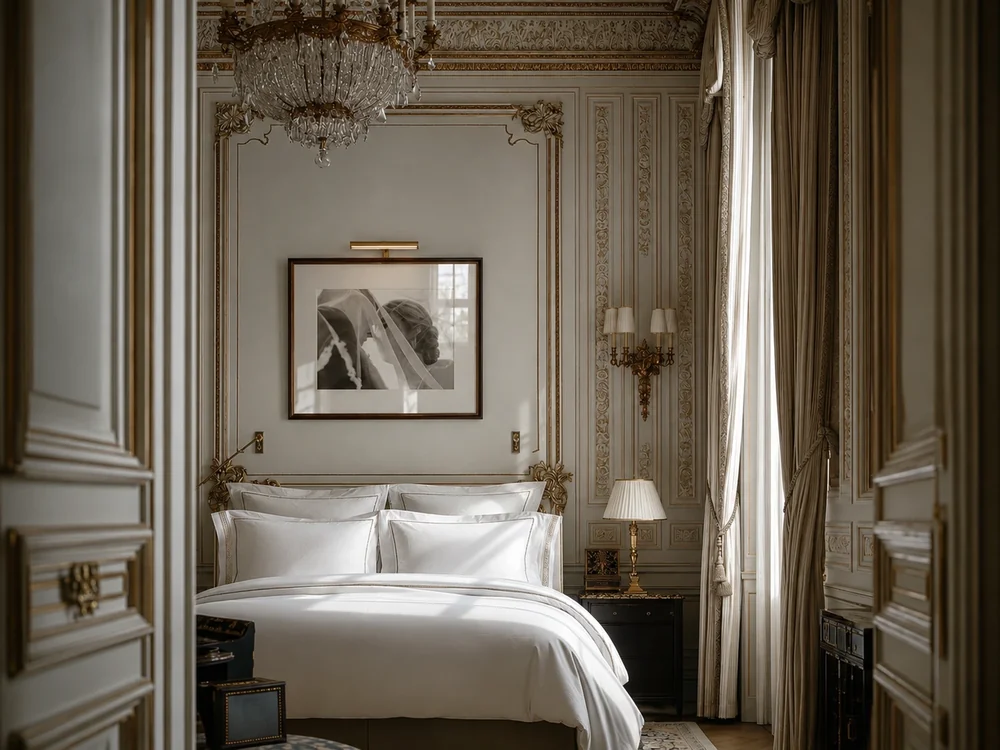 Une suite de palace en plein jour, un cadre Ginko au-dessus du lit.