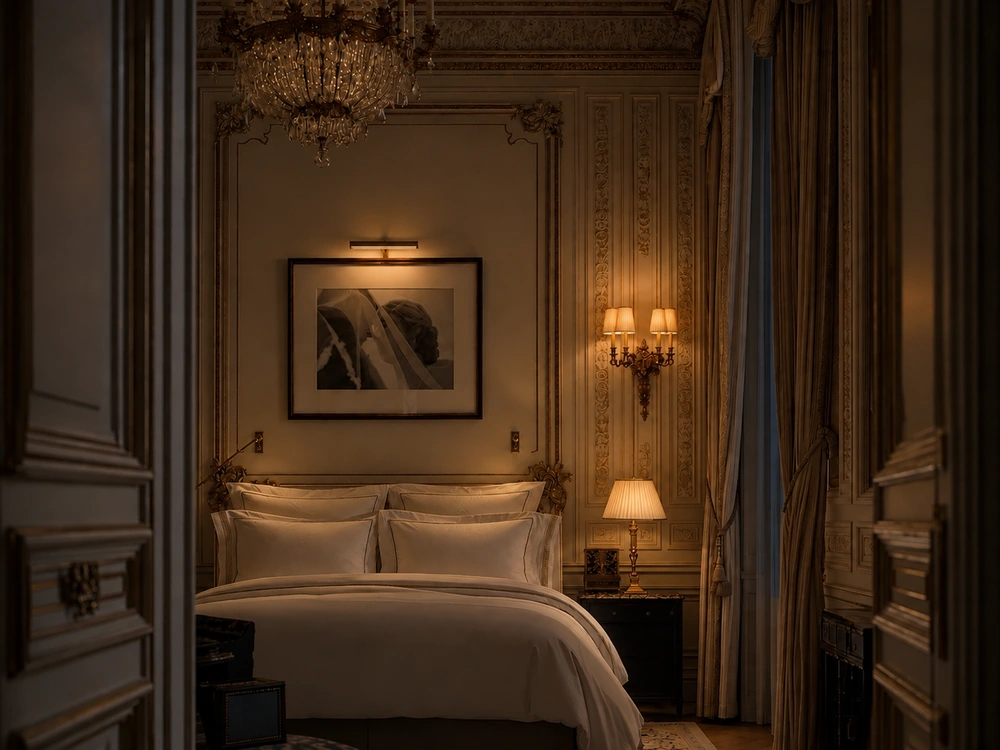 La même suite le soir, lampes allumées : le cadre est éclairé par la chambre, comme un tirage.