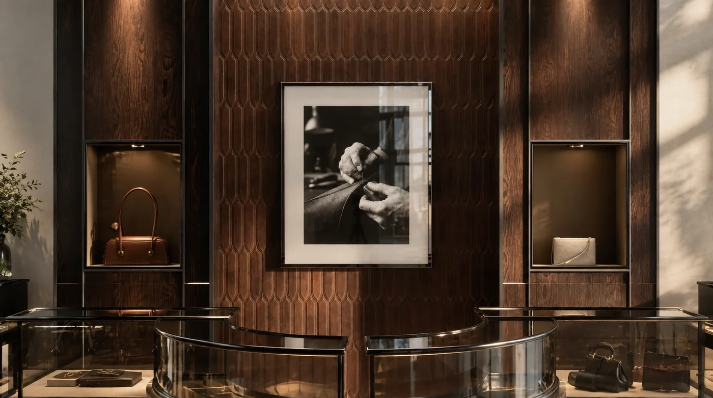 A luxury boutique in daylight, a Ginko frame between two display niches.