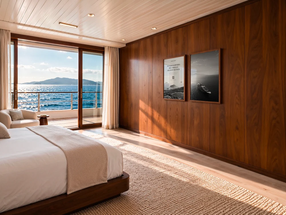 A yacht cabin in daylight, two Ginko frames on the wooden wall.