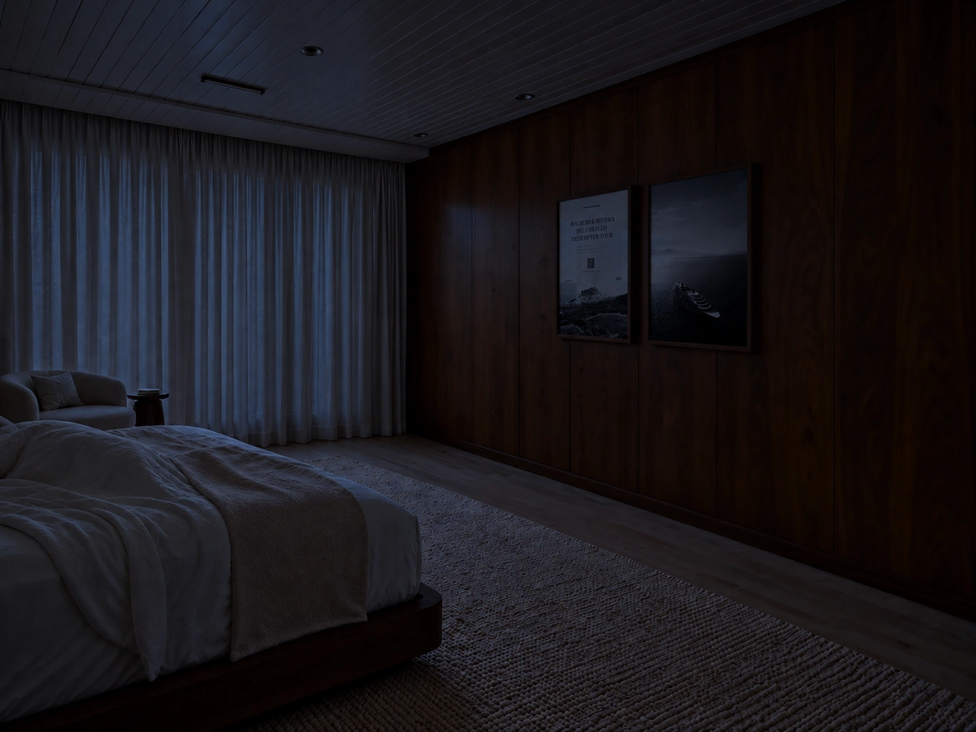 The same cabin at night: the frames give off no light.