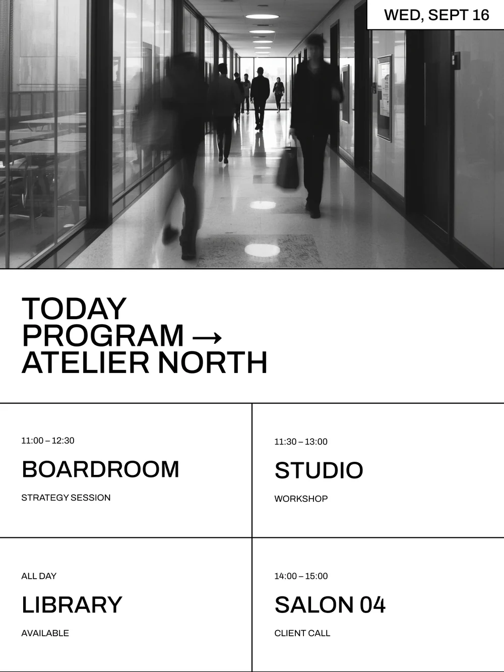 Onze heures. Le programme du jour, salle par salle, avec ce qui est libre et ce qui ne l’est pas.