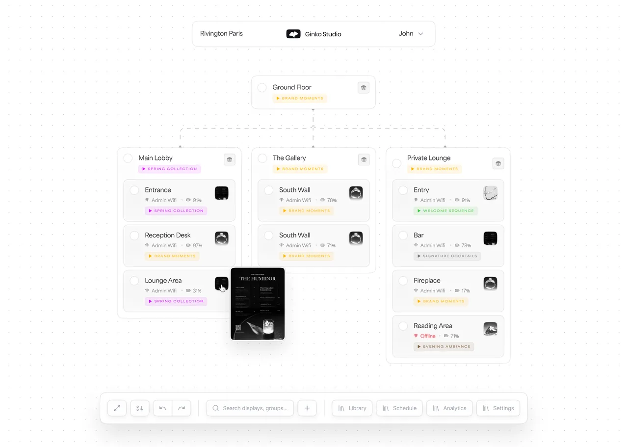 L’interface Ginko Studio : le plan d’un étage d’hôtel, ses salles et le contenu programmé sur chaque display.