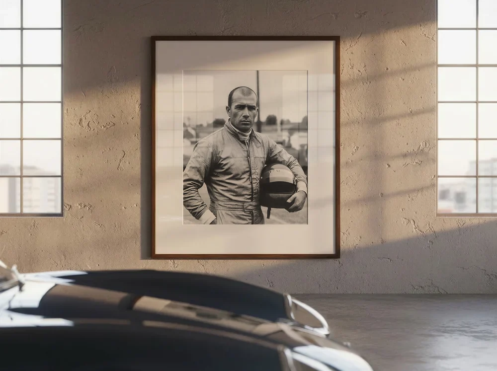 A framed portrait hung in a private showroom.