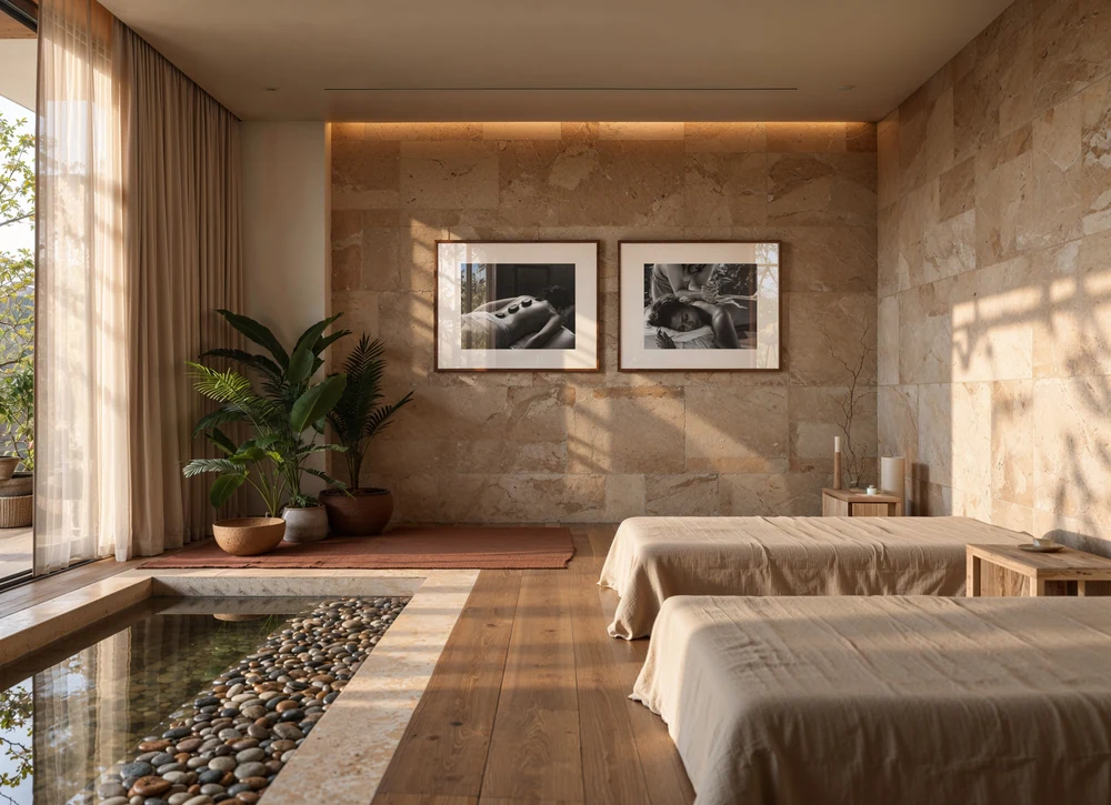 Two Ginko displays hung in landscape on the stone wall of a spa treatment room.